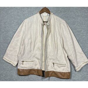 Chicos Women’s Jacket 100% Linen Beige Open Front Sz 2 L‎ Faux Leather